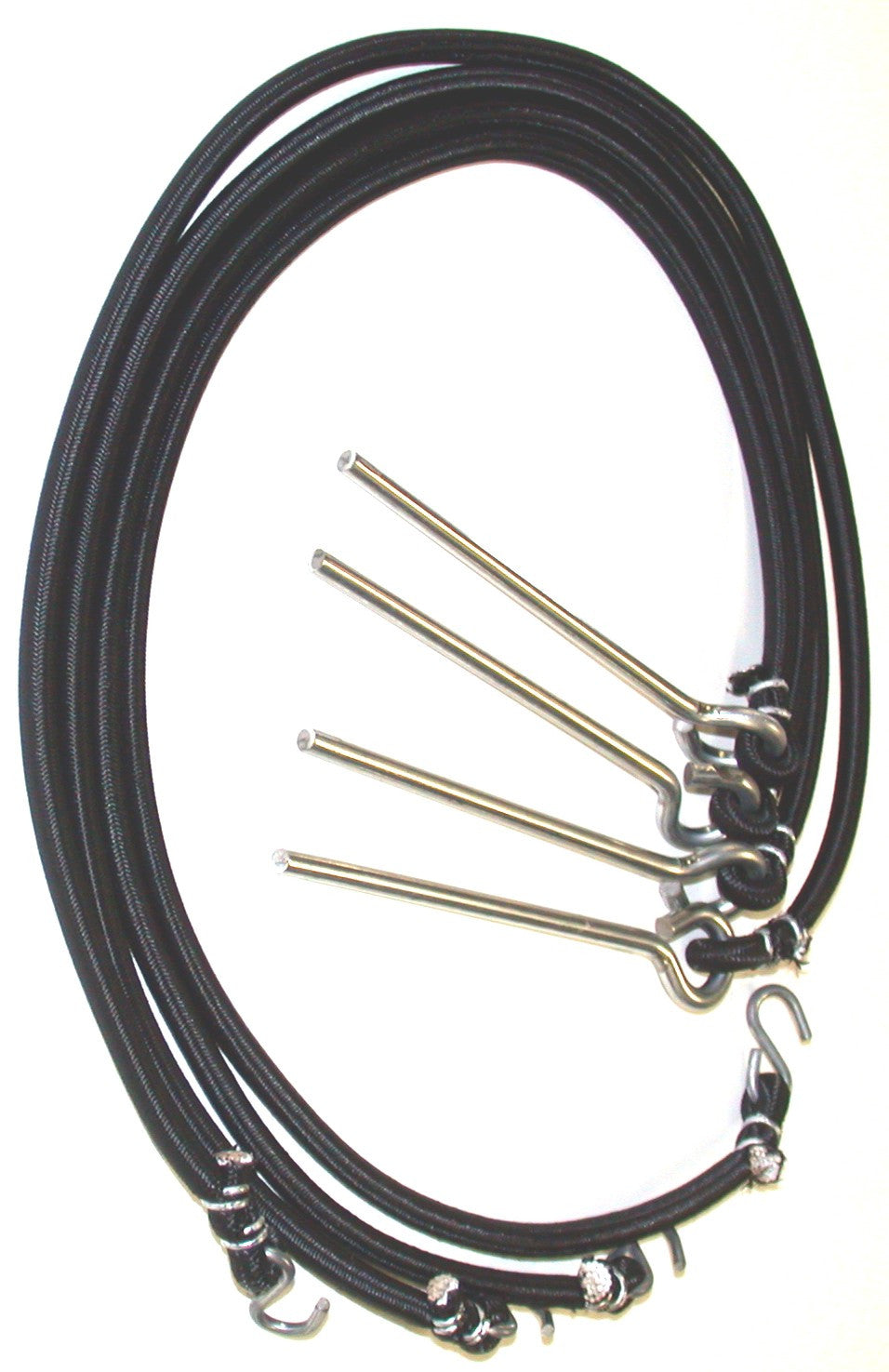 four 5-inch long steel peg set with bungee cord attached